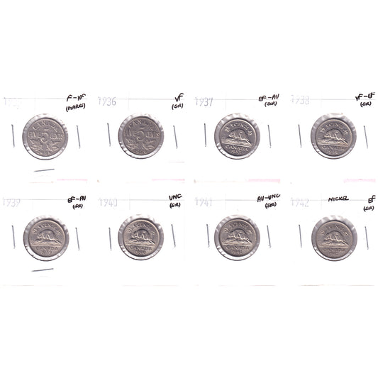 Lot of 8x 1935-1942 Canada 5-cents, F-VF to UNC, 8Pcs. (Impaired)