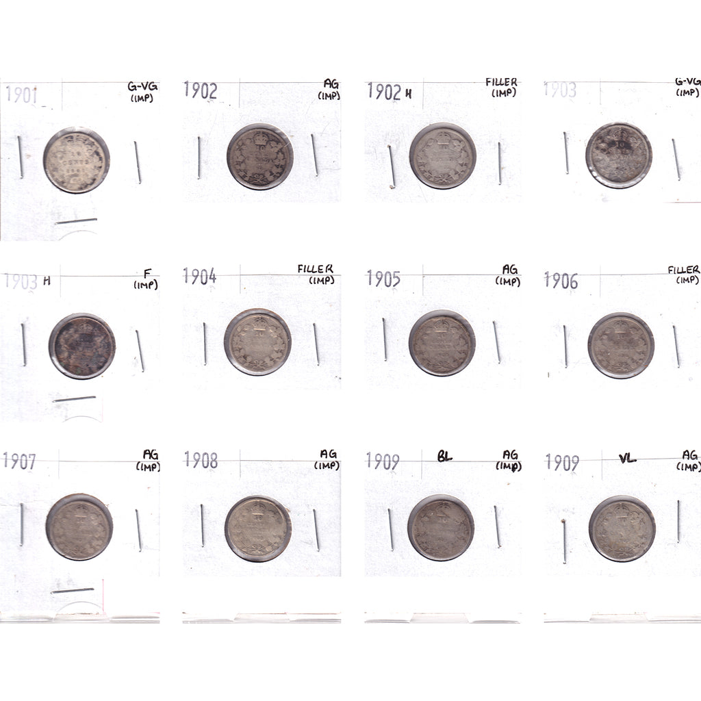 Lot of 12x 1901-1909 Canada 10-cents Filler to F, 12Pcs. (Impaired)