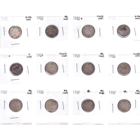 Lot of 12x 1901-1909 Canada 10-cents Filler to F, 12Pcs. (Impaired)