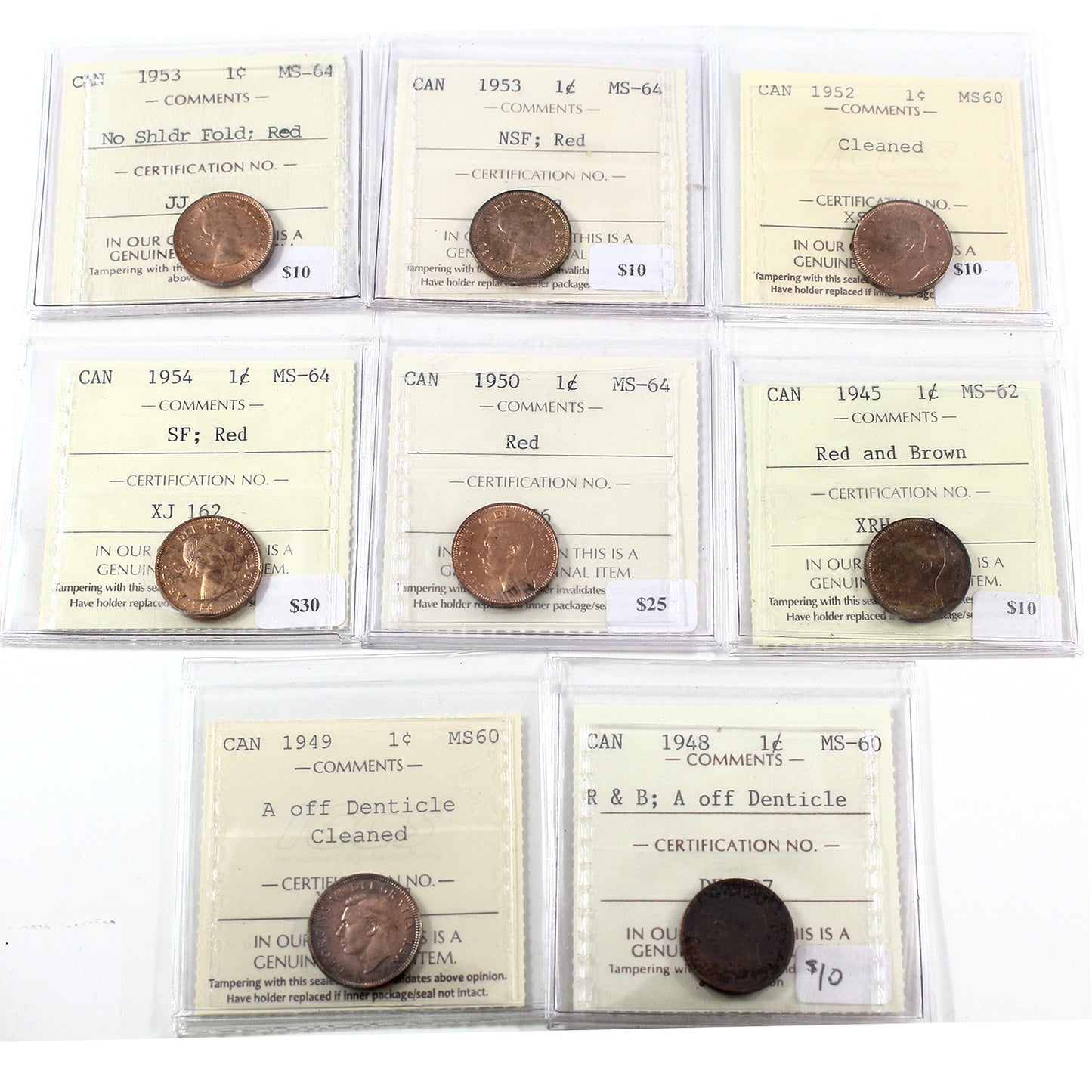 Lot of 8x 1945-1954 Canada 1-cent ICCS Certified MS60 to MS64, 8Pcs.
