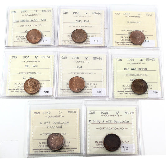 Lot of 8x 1945-1954 Canada 1-cent ICCS Certified MS60 to MS64, 8Pcs.