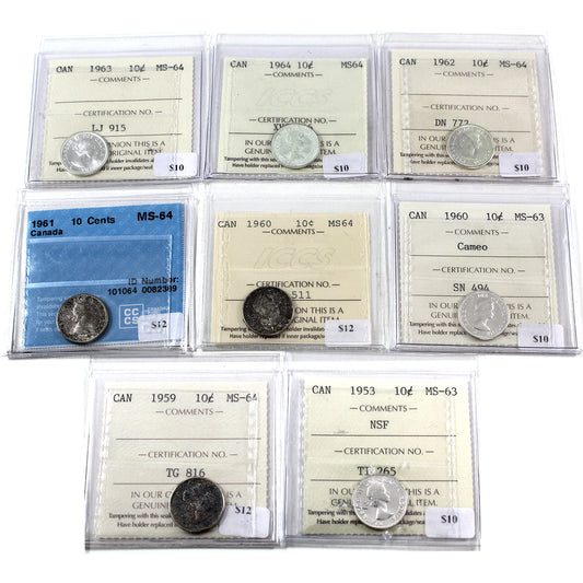 Lot of 8x 1953-1964 Canada 10-cents ICCS & CCCS Certified MS63 to MS64, 8Pcs.