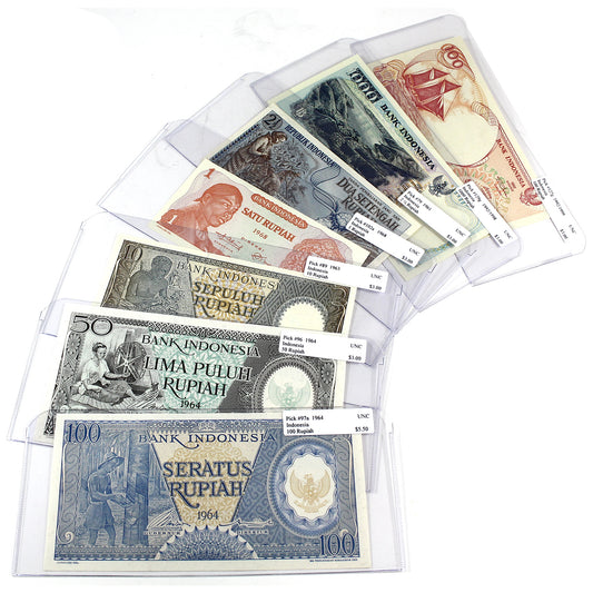 Lot of 7x 1961-1999 Indonesia Notes, Various Denominations, UNC, 7Pcs.