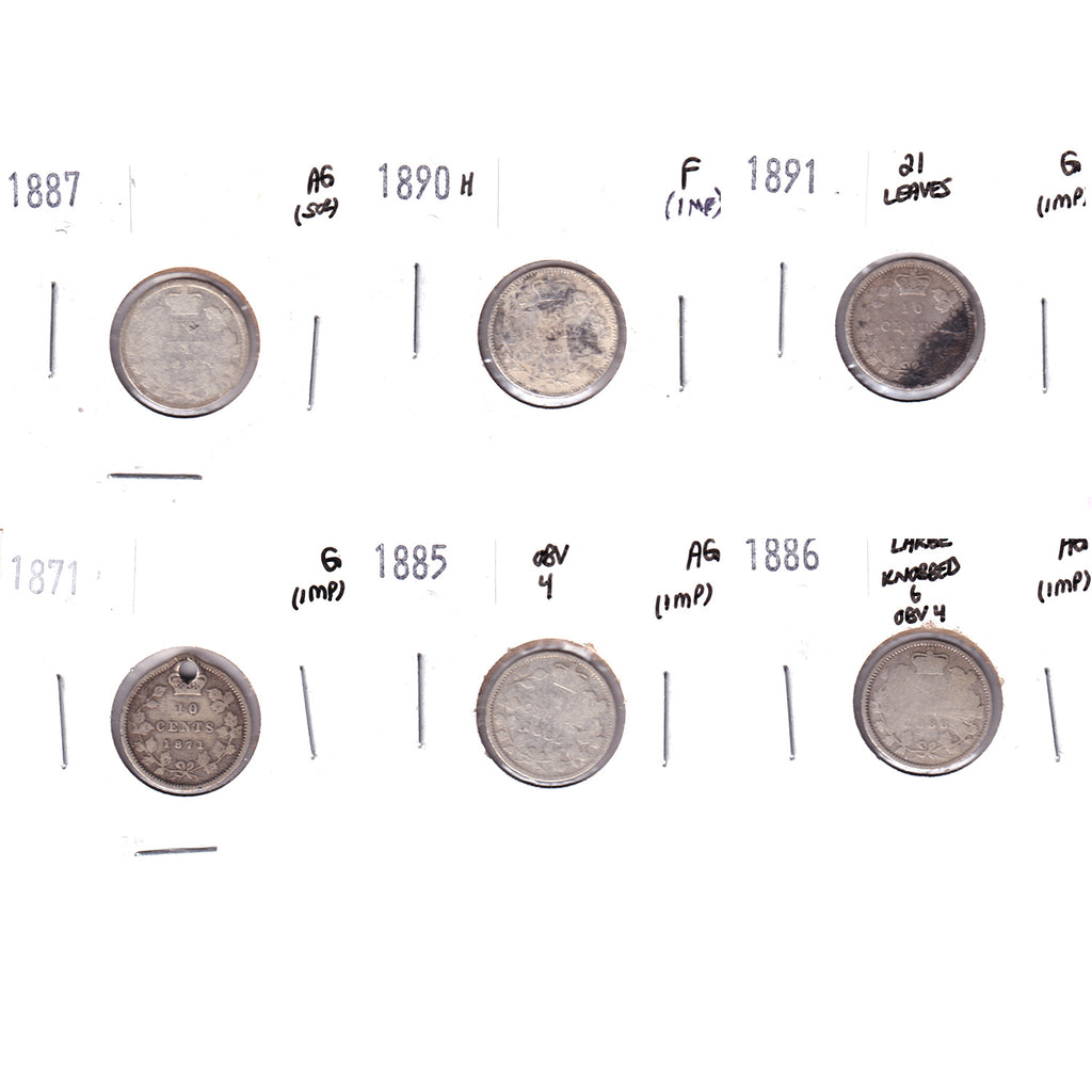 Lot of 6x 1871-1891 Canada 10-cents, AG to F, 6Pcs. (Impaired)