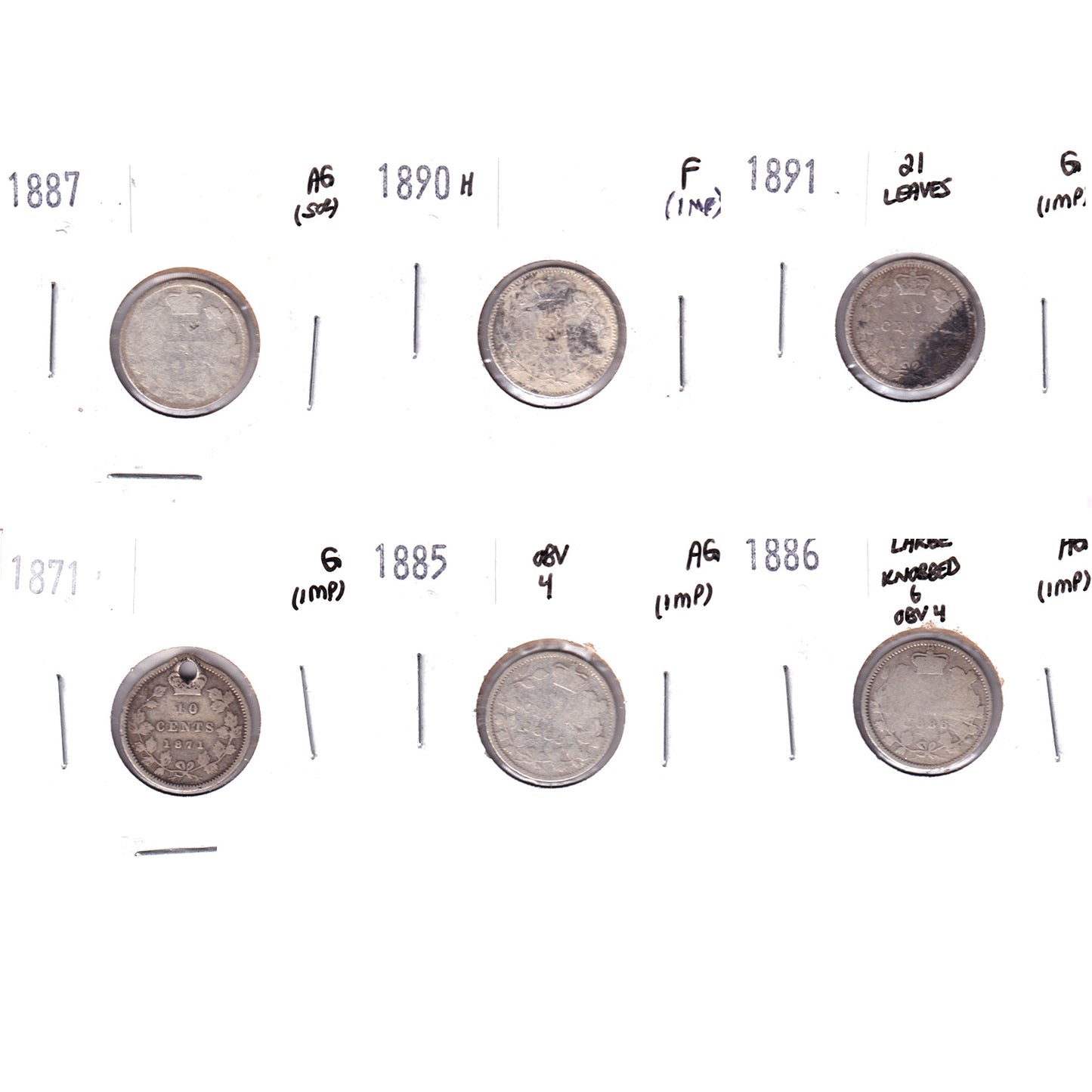 Lot of 6x 1871-1891 Canada 10-cents, AG to F, 6Pcs. (Impaired)