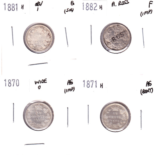 Lot of 4x 1870-1882H Canada 10-cents, AG to F, 4Pcs. (Impaired)