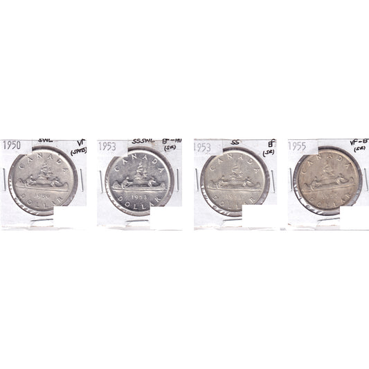 Lot of 4x 1950-1955 Canada Dollar, VF to EF-AU, 4Pcs. (Impaired)