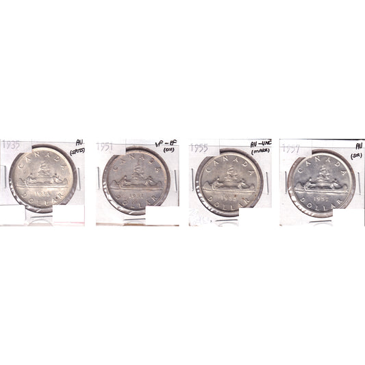 Lot of 4x 1935-1957 Canada Dollar, VF-EF to AU-UNC, 4Pcs. (Impaired)