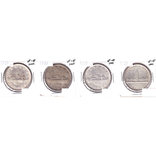 Lot of 4x 1935-1939 Canada Dollar, All VF-EF, 4Pcs. (Impaired)