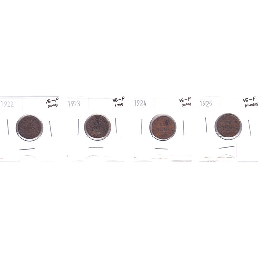 Lot of 4x 1922-1925 Canada 1-cent, All VG-F, 4Pcs. (Impaired)