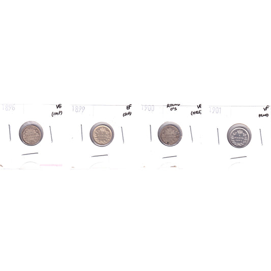 Lot of 4x 1896-1901 Canada 5-cents, VG to EF, 4Pcs. (Impaired)