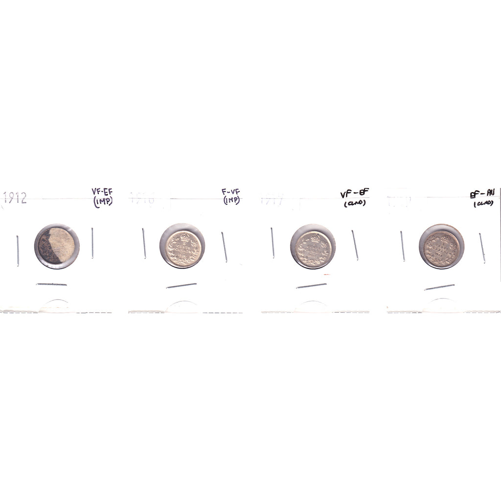 Lot of 4x 1912-1919 Canada 5-cents, F-VF to EF-AU, 4Pcs. (Impaired)