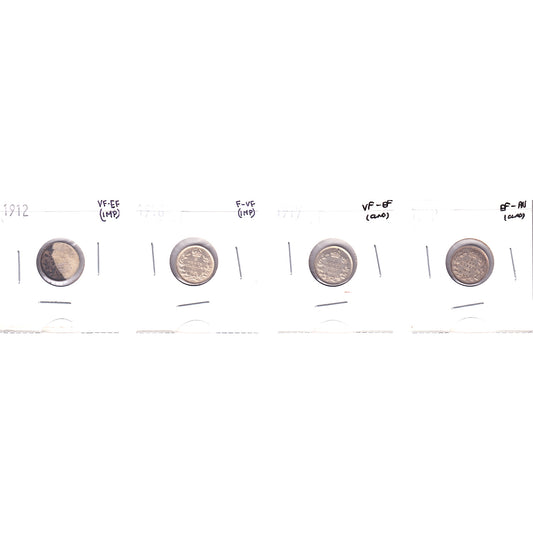 Lot of 4x 1912-1919 Canada 5-cents, F-VF to EF-AU, 4Pcs. (Impaired)