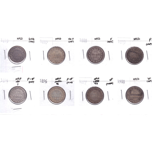 Lot of 8x 1870-1900 Newfoundland 20-cents, G-VG to VF, 8Pcs. (Impaired)