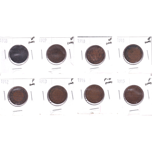 Lot of 8x 1908-1915 Canada 1-cent, F to EF, 8Pcs. (Impaired)