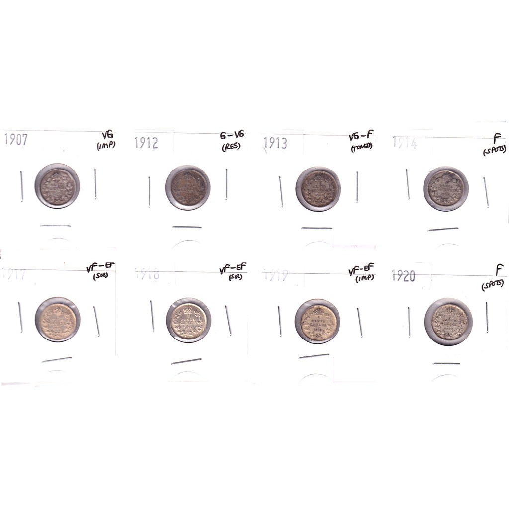 Lot of 8x 1907-1920 Canada 5-cents, G-VG to VF-EF, 8Pcs. (Impaired)
