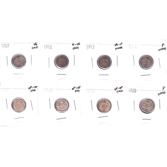Lot of 8x 1907-1920 Canada 5-cents, G-VG to VF-EF, 8Pcs. (Impaired)