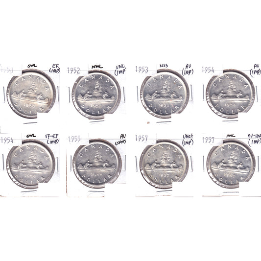 Lot of 8x 1950-1957 Canada Dollar, VF-EF to UNC+. 8Pcs. (Impaired)