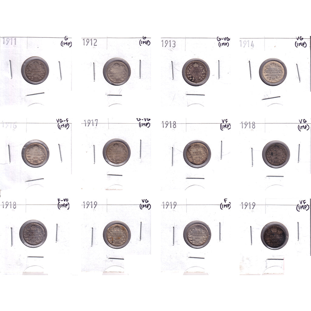 Lot of 12x 1911-1919 Canada 5-cents, G to VF, 12Pcs. (Impaired)