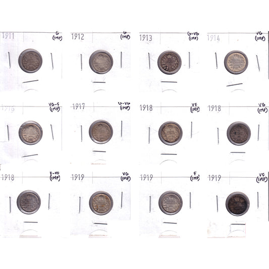 Lot of 12x 1911-1919 Canada 5-cents, G to VF, 12Pcs. (Impaired)