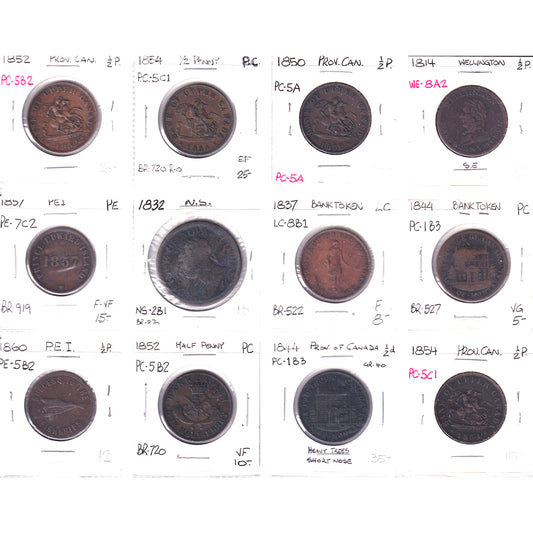 Lot of 12x 1814-1860 Mixed Canada Bank Tokens & Maritime Coins, VG to EF, 12Pcs. (Impaired)