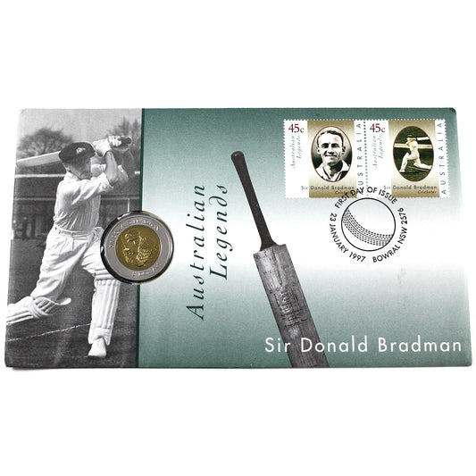 1997 Australia Sir Donald Bradman Commemorative $5 Coin w/Stamps in First Day Cover
