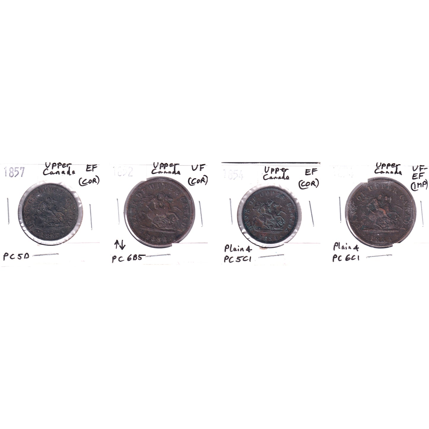 Lot of 4x 1852-1857 Upper Canada Penny & Half Penny Tokens, VF to EF, 4Pcs. (Impaired)