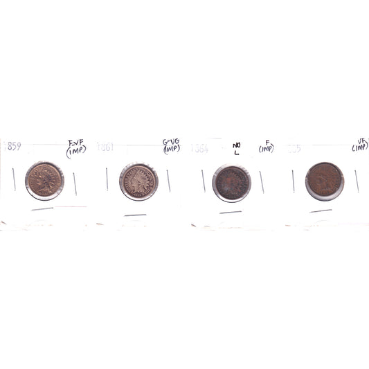 Lot of 4x 1859-1885 USA Cent, G-VG to VF, 4Pcs. (Impaired)