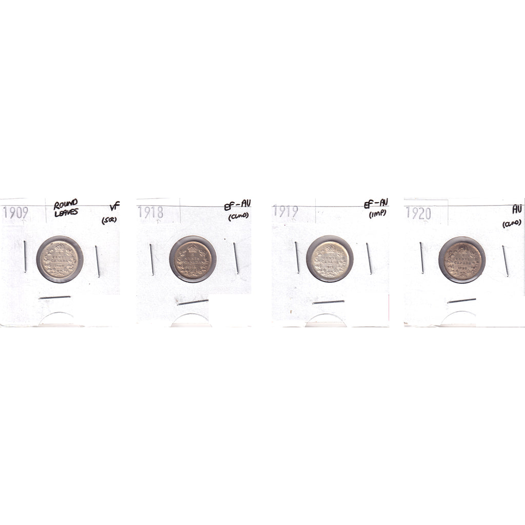 Lot of 4x 1909-1920 Canada 5-cents, VF to AU, 4Pcs. (Impaired)