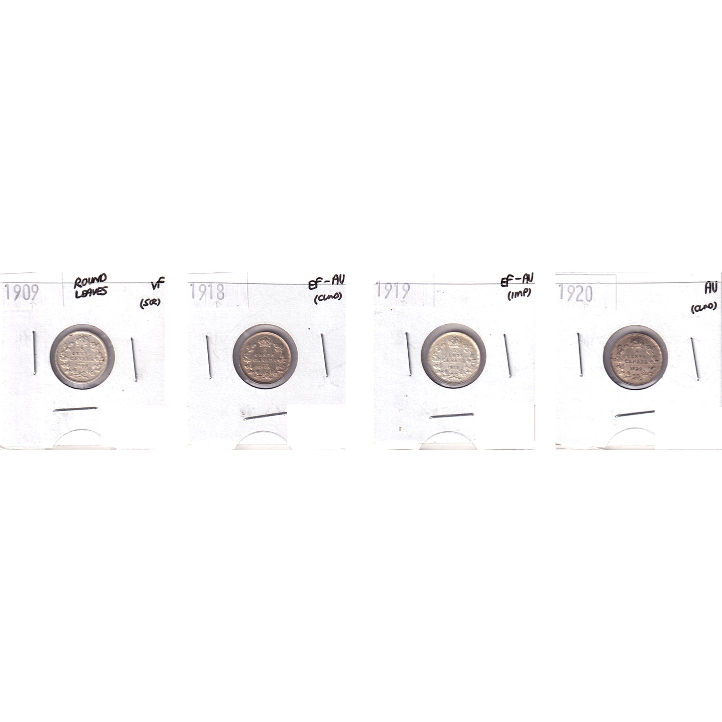 Lot of 4x 1909-1920 Canada 5-cents, VF to AU, 4Pcs. (Impaired)