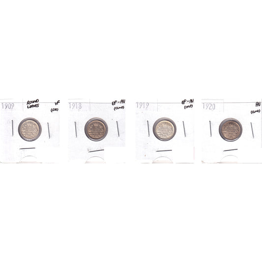 Lot of 4x 1909-1920 Canada 5-cents, VF to AU, 4Pcs. (Impaired)
