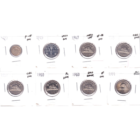 Lot of 8x 1920-1991 Canada 5-cents, Circ to PL, 8Pcs. (Impaired)
