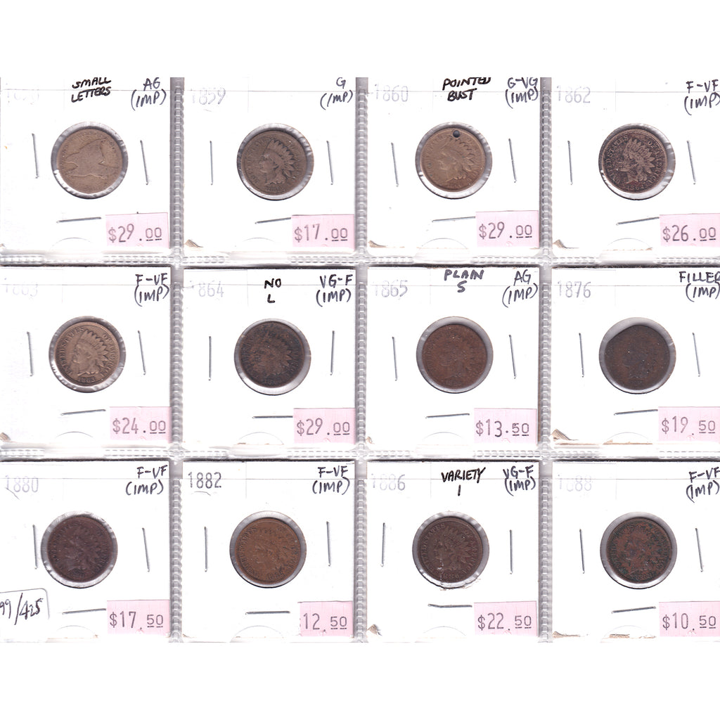 Lot of 12x 1858-1888 USA Cents, AG to F-VF, 12Pcs. (Impaired)