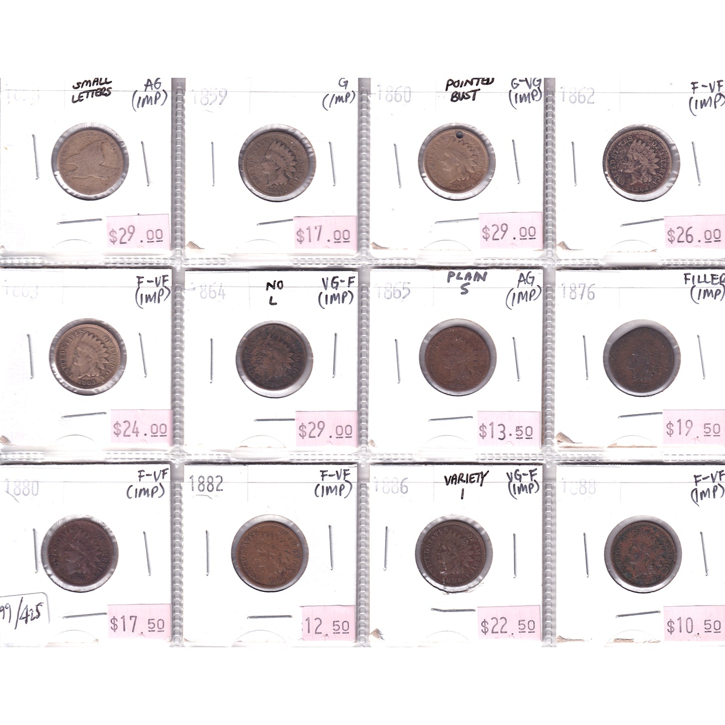 Lot of 12x 1858-1888 USA Cents, AG to F-VF, 12Pcs. (Impaired)