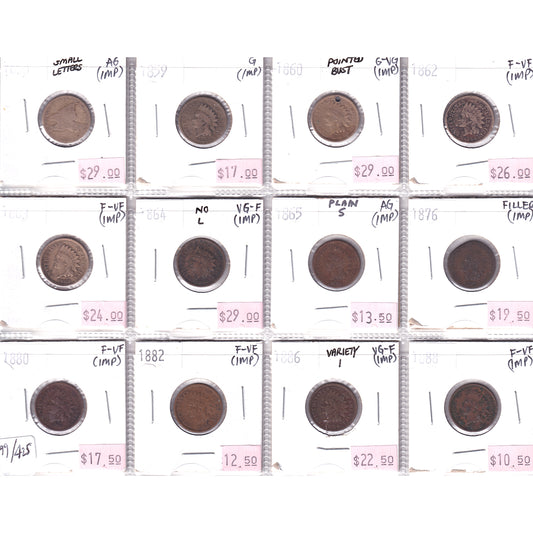 Lot of 12x 1858-1888 USA Cents, AG to F-VF, 12Pcs. (Impaired)
