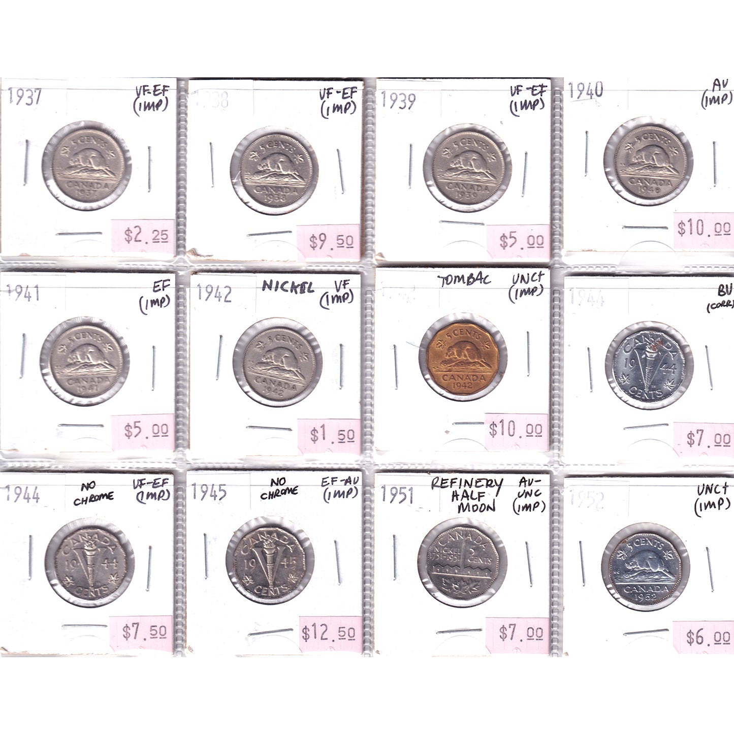 Lot of 12x 1937-1952 Canada 5-cents, VF-EF to BU, 12Pcs. (Impaired)