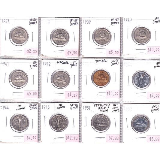 Lot of 12x 1937-1952 Canada 5-cents, VF-EF to BU, 12Pcs. (Impaired)