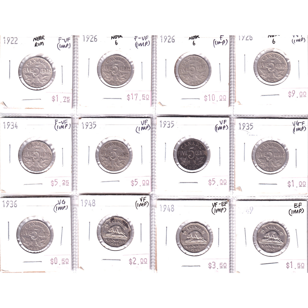 Lot of 12x 1922-1949 Canada 5-cents, VG to EF, 12Pcs. (Impaired)
