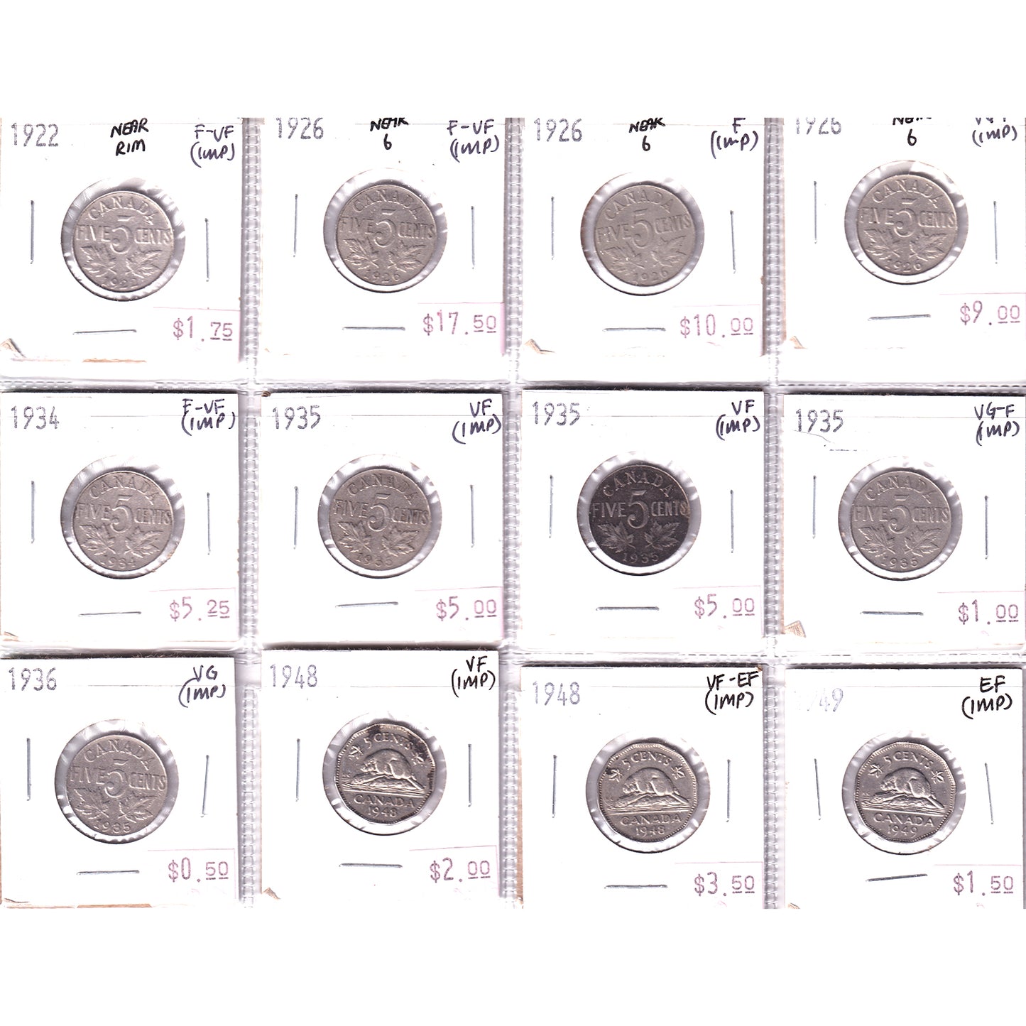 Lot of 12x 1922-1949 Canada 5-cents, VG to EF, 12Pcs. (Impaired)