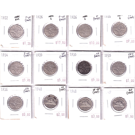 Lot of 12x 1922-1949 Canada 5-cents, VG to EF, 12Pcs. (Impaired)