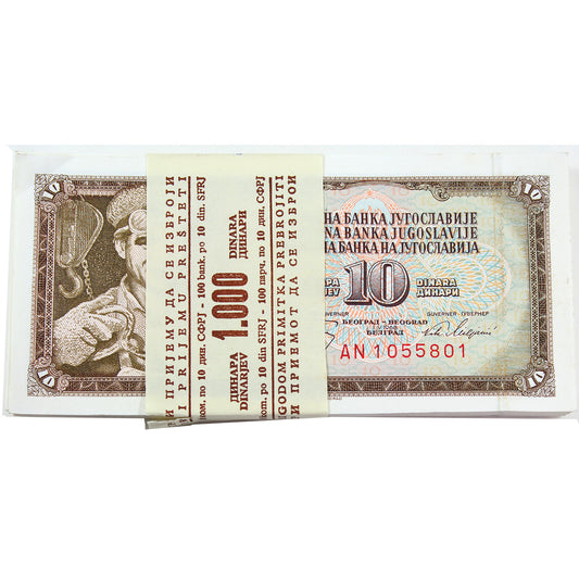 Lot of 100x 1968-1981 Yugoslavia 10 Dinars Banknotes, 100Pcs.