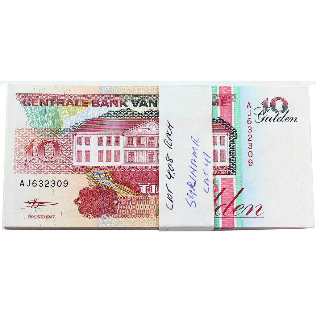 Lot of 92x 1991-1998 Suriname 10 Gulden Banknotes, 92Pcs.