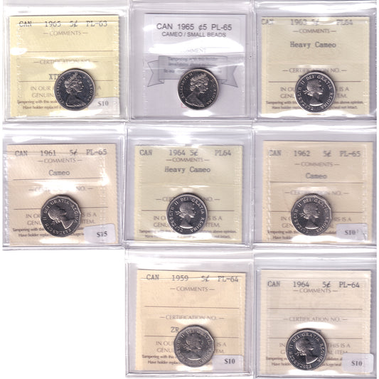Lot of 8x 1959-1965 Canada 5-cents ICCS & Coin Mart Certified PL63 to PL65, 8Pcs.