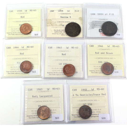 Lot of 8x 1859-1948 Canada 1-cents ICCS and CMG Cert.G4 to MS63, 8Pcs.