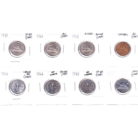 Lot of 8x 1938-1952 Canada 5-cents, VF-EF to Choice BU, 8Pcs. (Impaired)