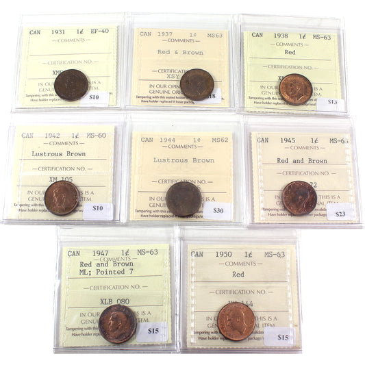 Lot of 8x 1931-1950 Canada 1-cent ICCS Cert. EF40 to MS63, 8Pcs.