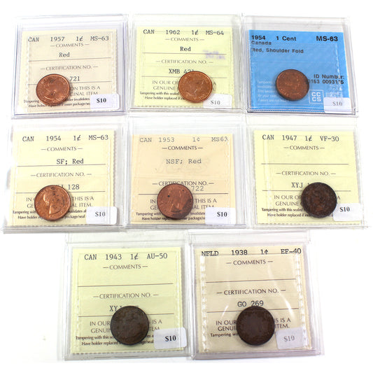 Lot of 8x 1938-1962 Canada & NFLD 1-cent CCCS & ICCS Cert. VF30 to MS64, 8Pcs.