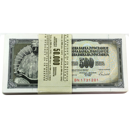 Lot of 100x Sequential Yugoslavia 1986 500 Dinara Banknotes, 100Pcs.