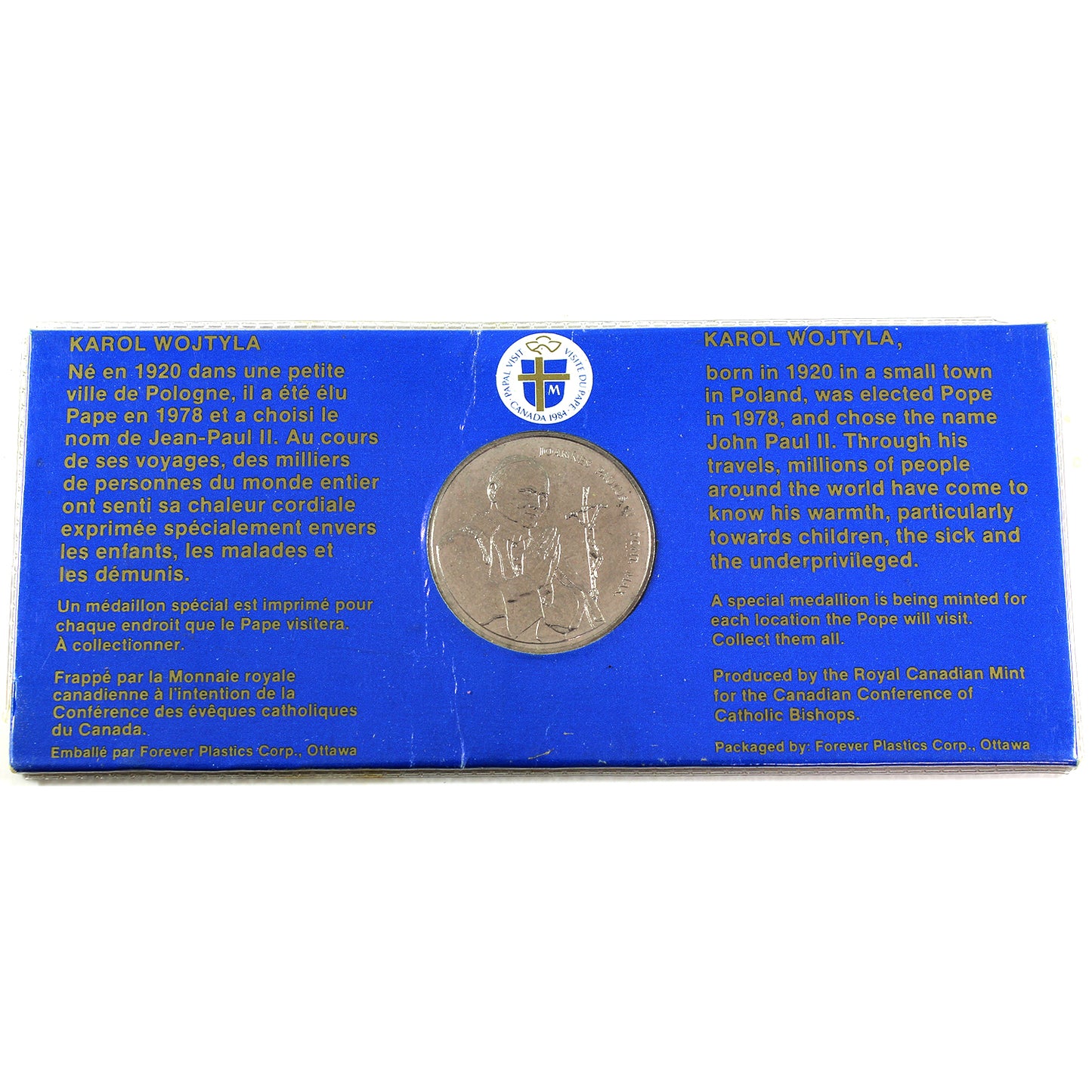 1984 Canada Visit of Pope John Paul II Commemorative Medallion in Card (wear tear on card)