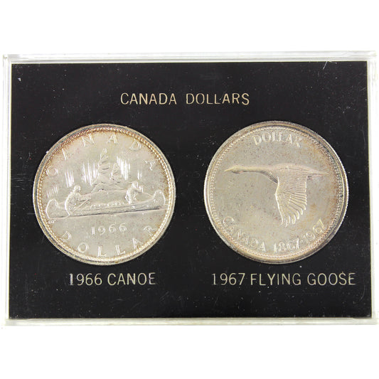 Pair of 1966 and 1967 Silver Canada Dollars in Black Holder (Impaired)